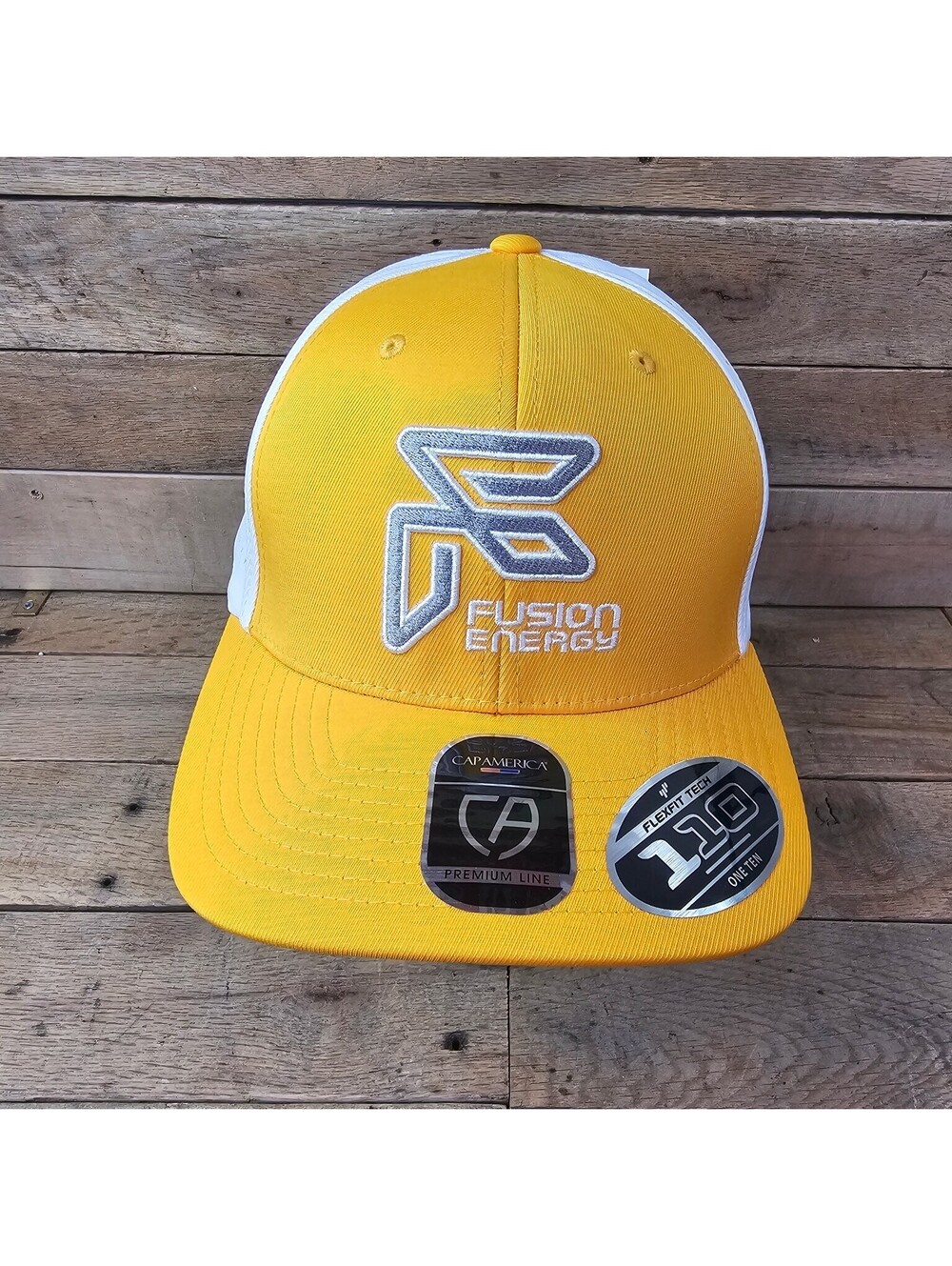 Fusion Energy CapAmerica Flexfit 110 Performance Hat Yellow White OSFM Trucker